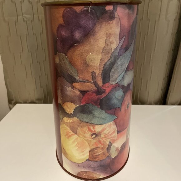 Vintage Fruit Pattern Trash Waste Can Painted Metal Shabby Chic Retro Artsy - Picture 6 of 11